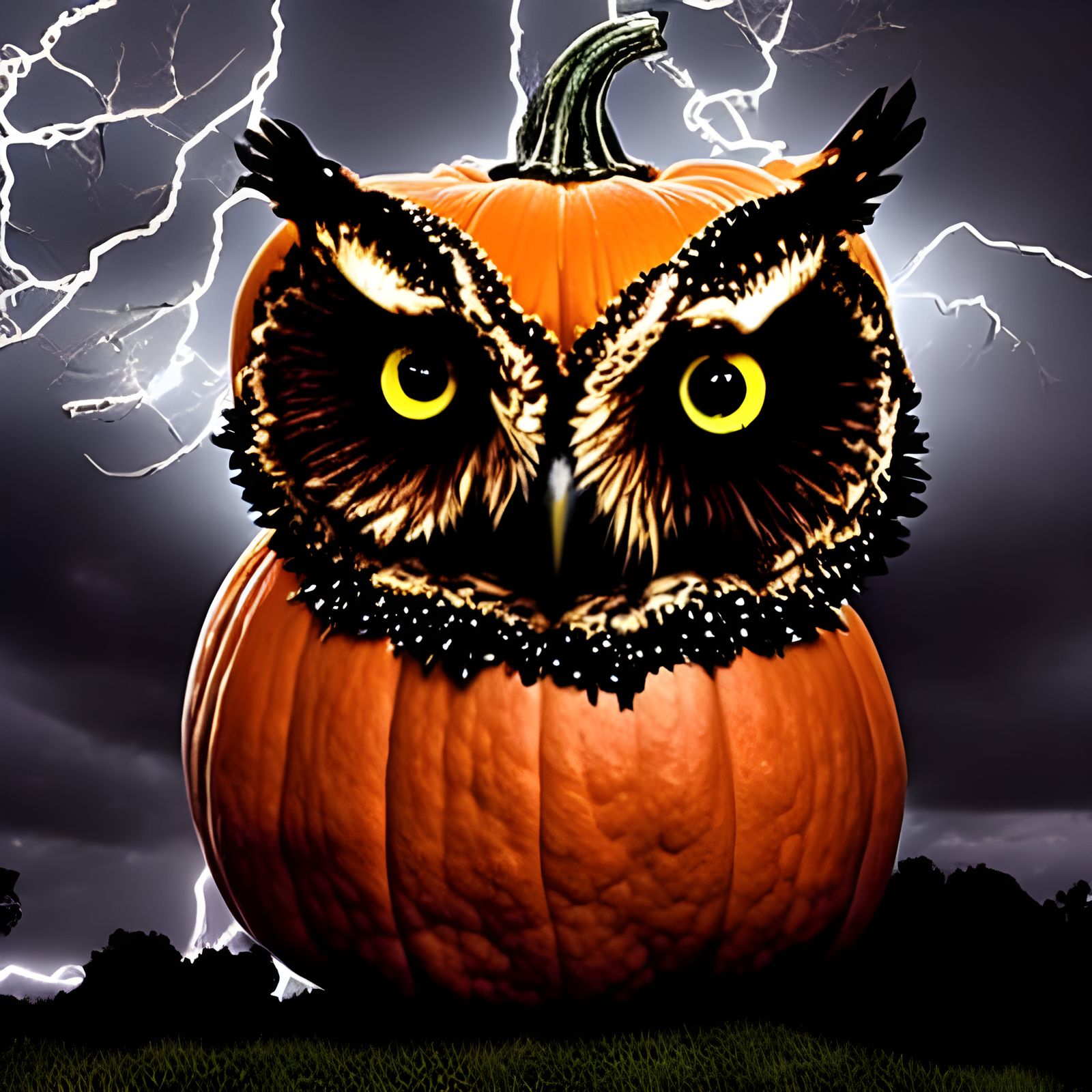 Pumpkin Owl Portrait in Lightning Storm, Fantasy Art
