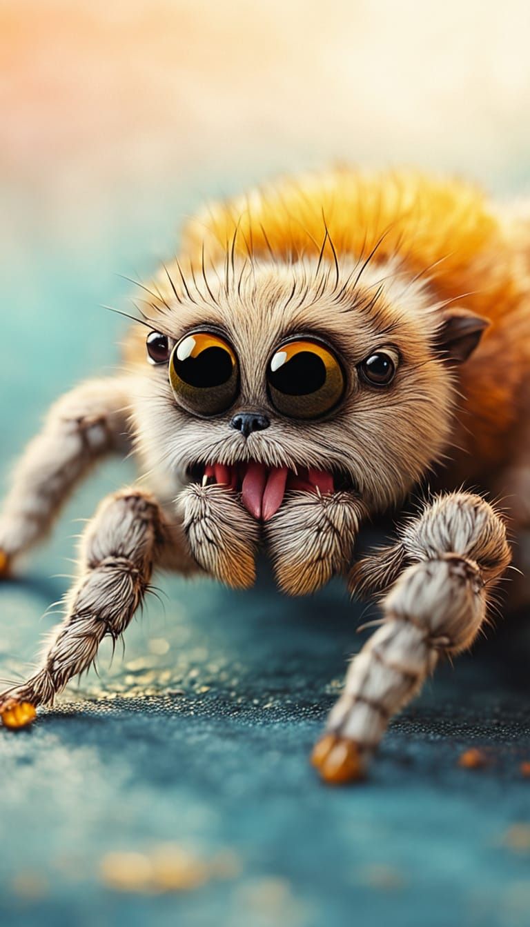 Whimsical Playful Spider Crawls Puppy's Fluffy Leg