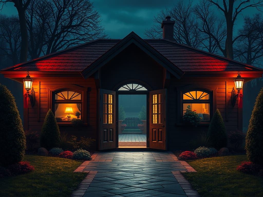 Realistic Clubhouse Interior With Torchlit Pathways