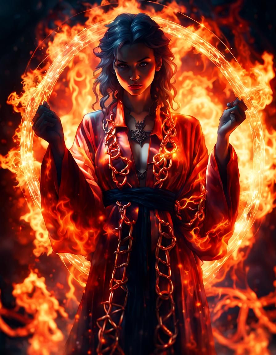 Dark Sorceress with Dragon in Chains and Fire VFX