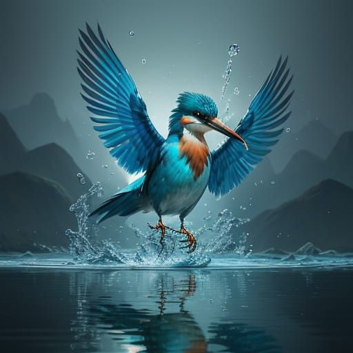Vibrant Kingfisher Bird Reflection in Water Digital Art
