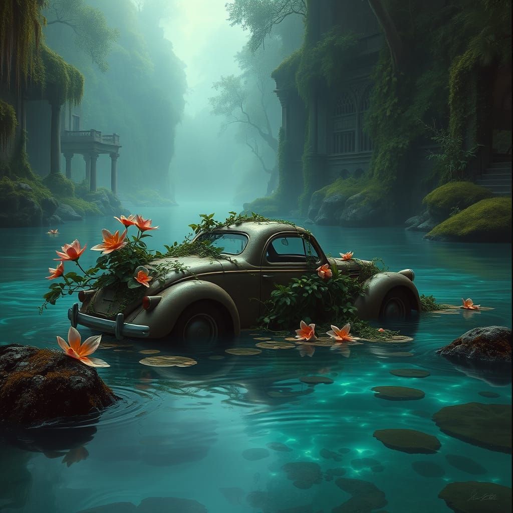 Antique Car in Bioluminescent Lagoon