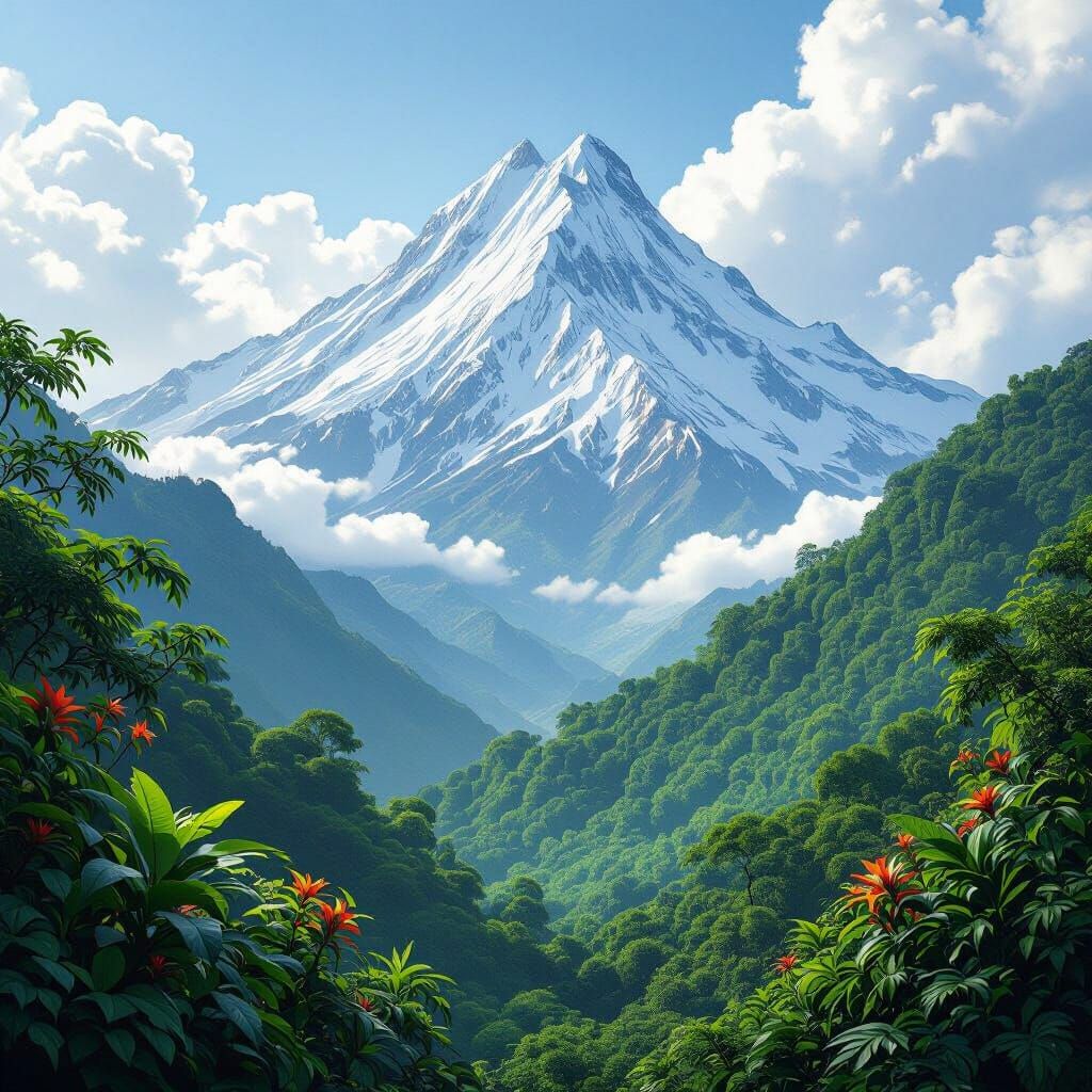 Snowy Mountain Peak Above Tropical Rainforest