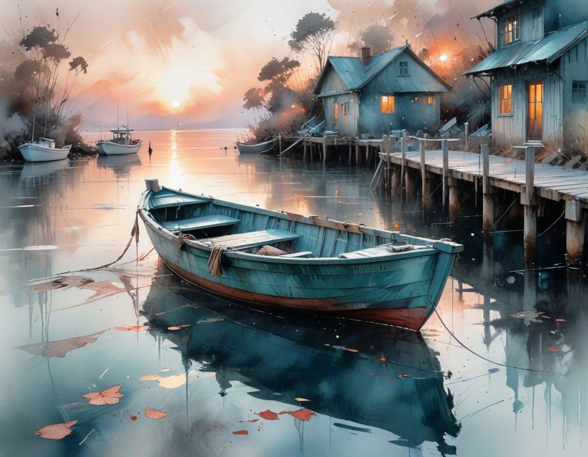 Twilight Harbor: Skiff in Sumi-e Watercolor