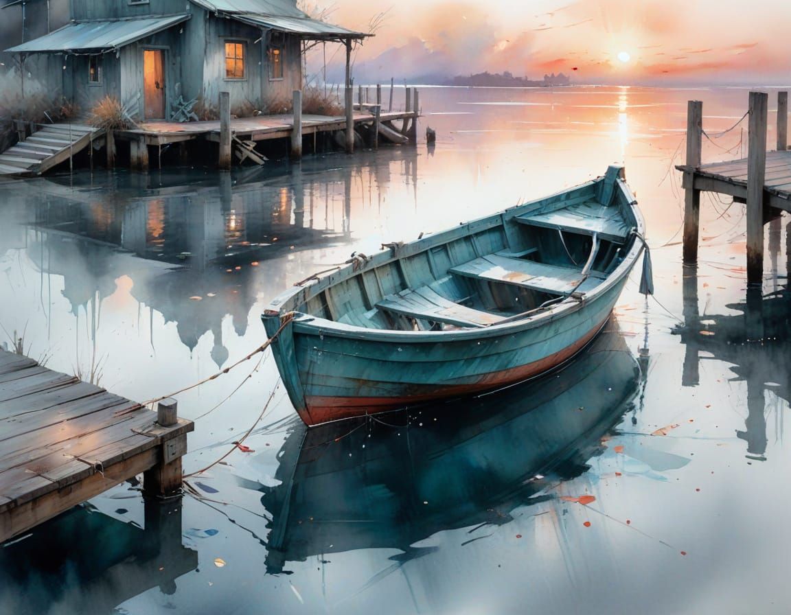 Tranquil Harbor at Twilight: Sumi-e Watercolor Skiff