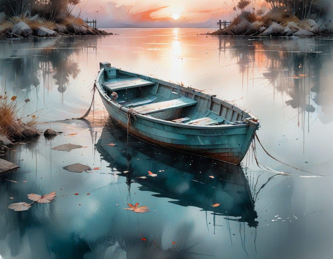 Twilight Harbor: Skiff Moored in Sumi-e Watercolor