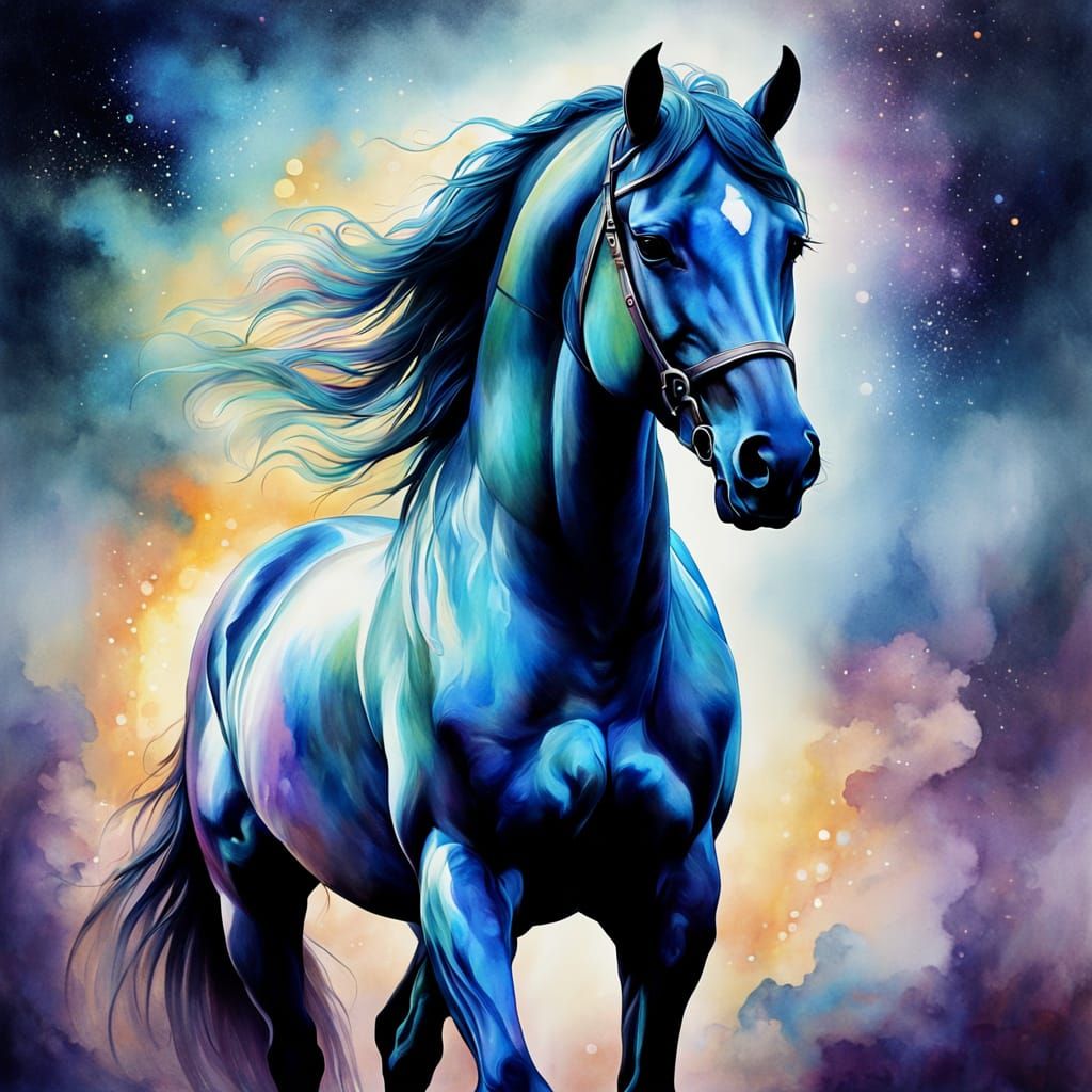Ethereal Horse in Iridescent Mist, Cosmic Watercolor Fantasy...