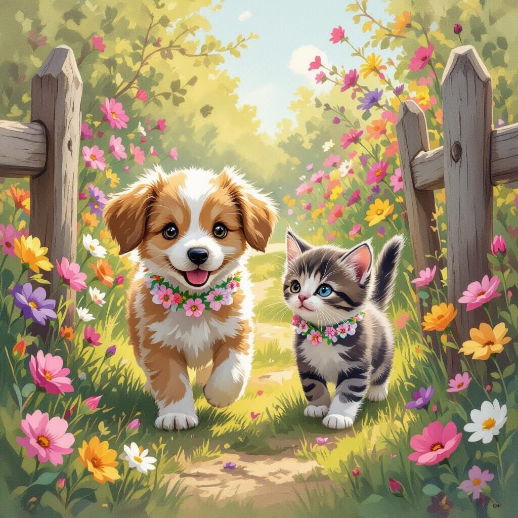 Puppy and Kitten Play in Blossom Garden, Whimsical Style