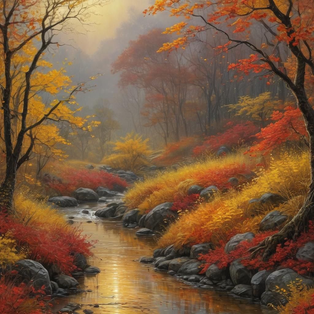 Rainy Autumn Landscape in Evening Light