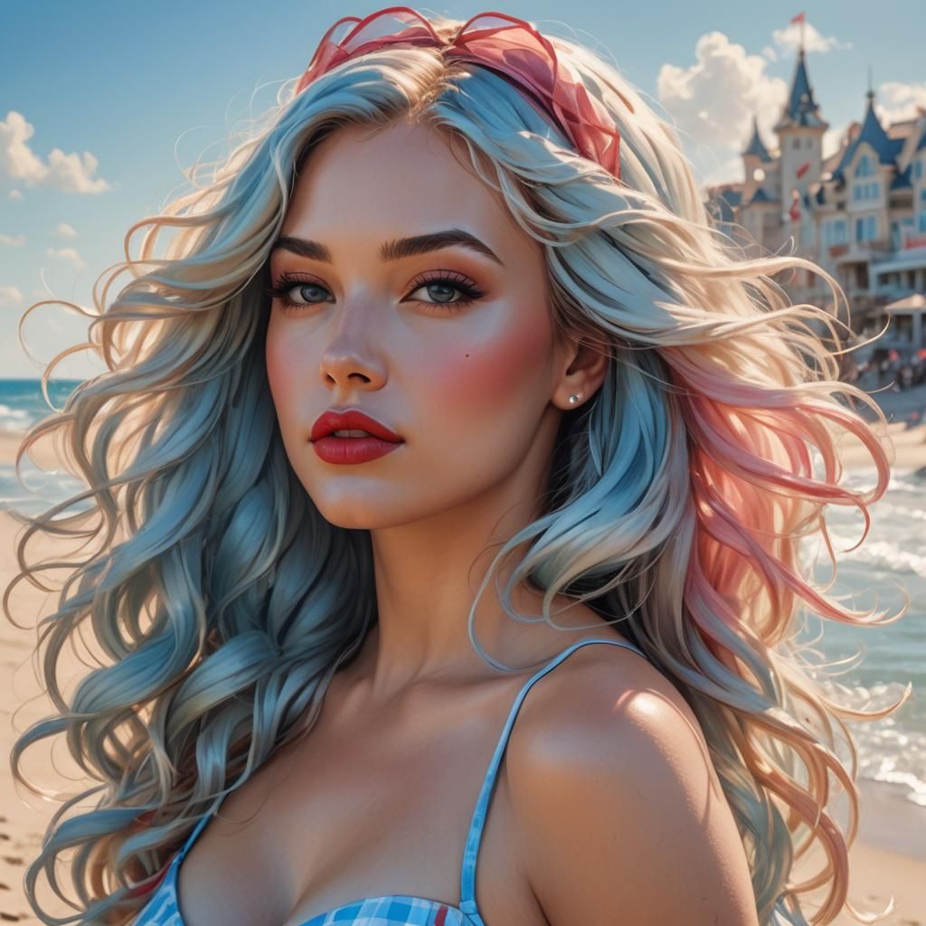 Flirty Princess Portrait on Sunny Beach, Hyperdetailed Art