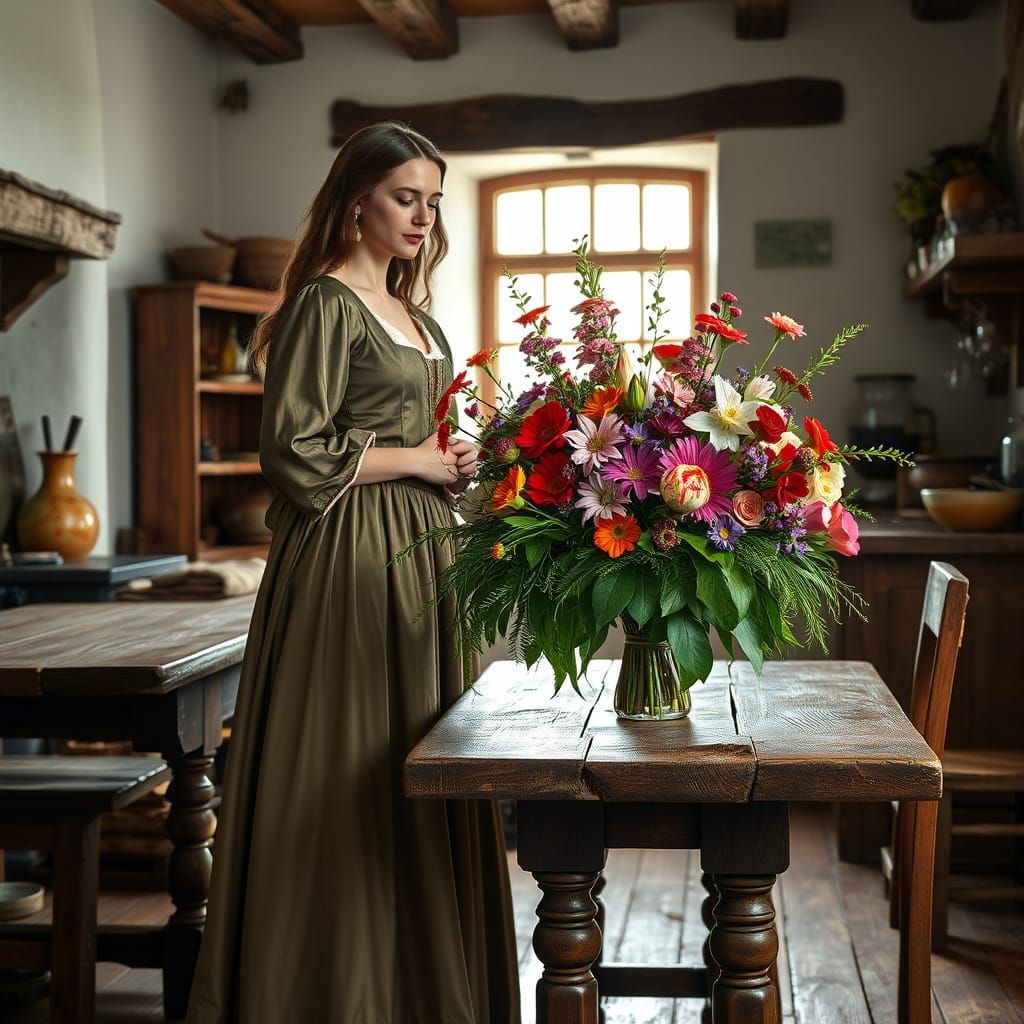 Medieval Kitchen with Spring Bouquet in Still-Life Style
