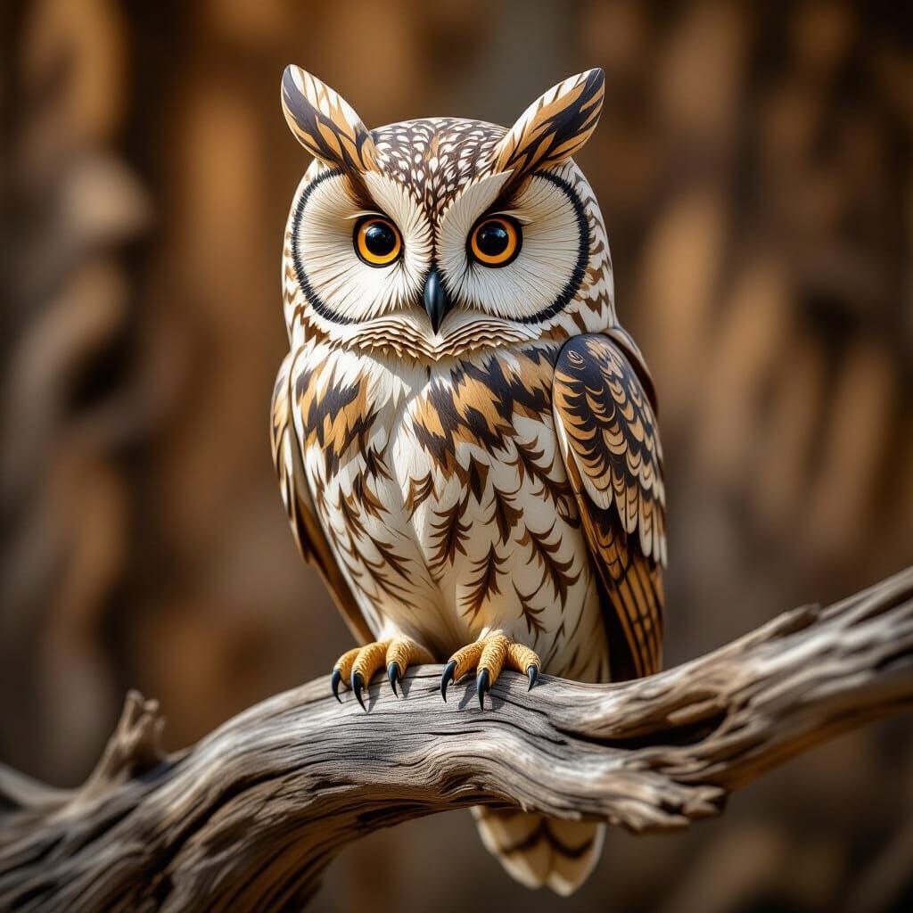 Hyperrealistic Wood Owl Sculpture with Intricate Details