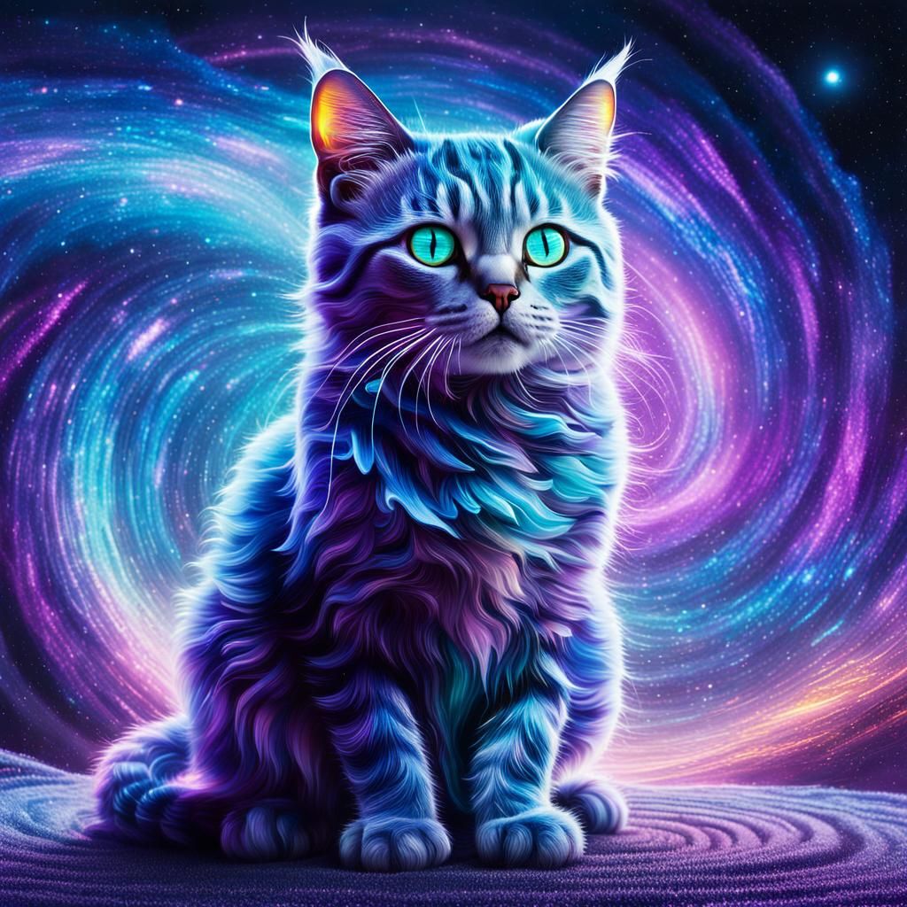 Robot Cat Vanishes into a Cosmic Vortex in Vibrant, Dreamlik...