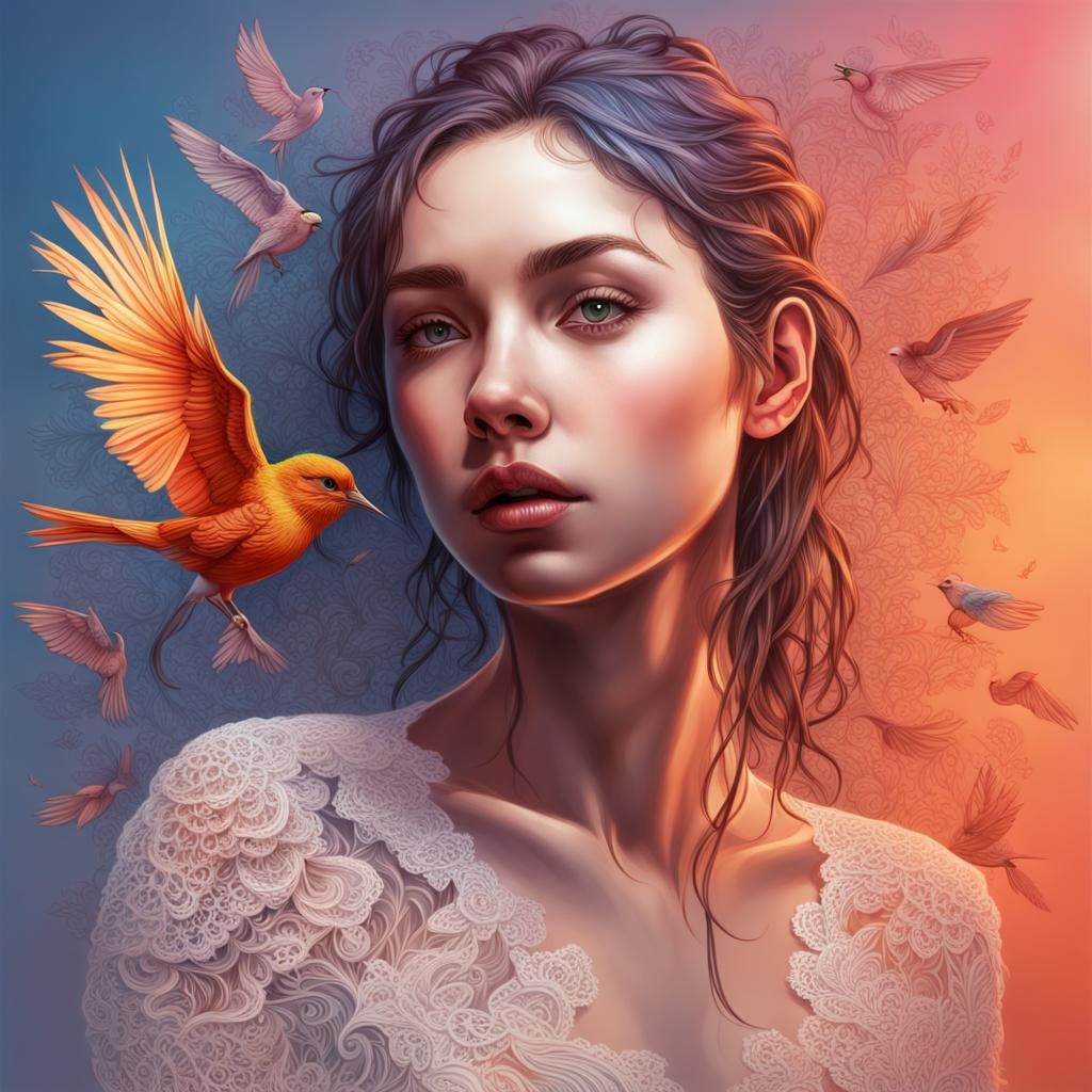 Lace Bird and Girl in Hyperrealistic Splash Art