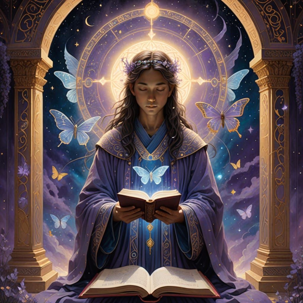 Ethereal Celestial Being Surrounded by Glowing Symbols and S...