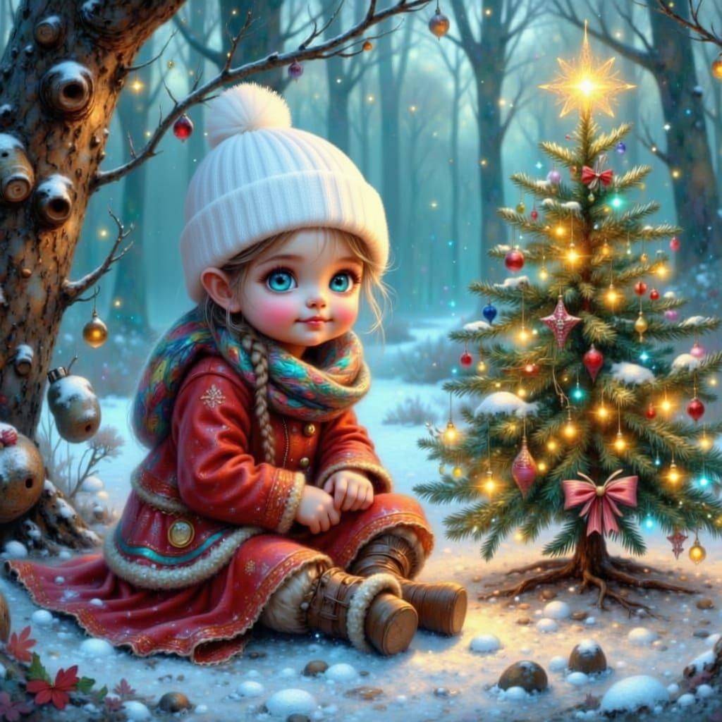 Whimsical Toddler Girl by Snowy Christmas Tree