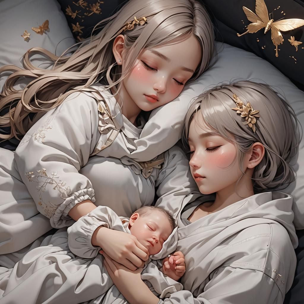 Girl Holding Sleeping Baby: 3D Anime Art