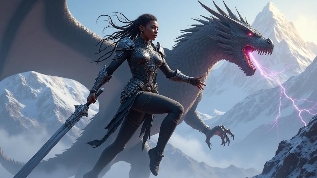 Black Woman Dragon Battle: Dark Fantasy Concept Art