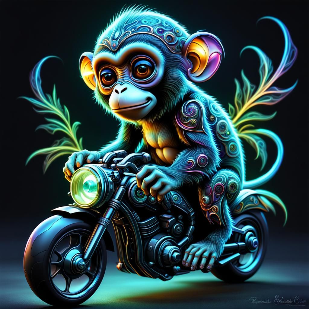 bioluminescent baby monkey on a gothic bioluminescence motorcycle