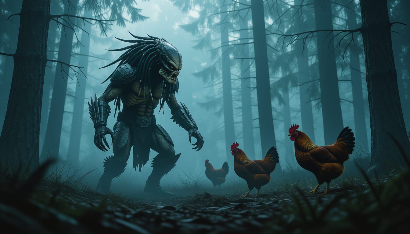 Predator Hunts Hellish Chickens in Misty Forest