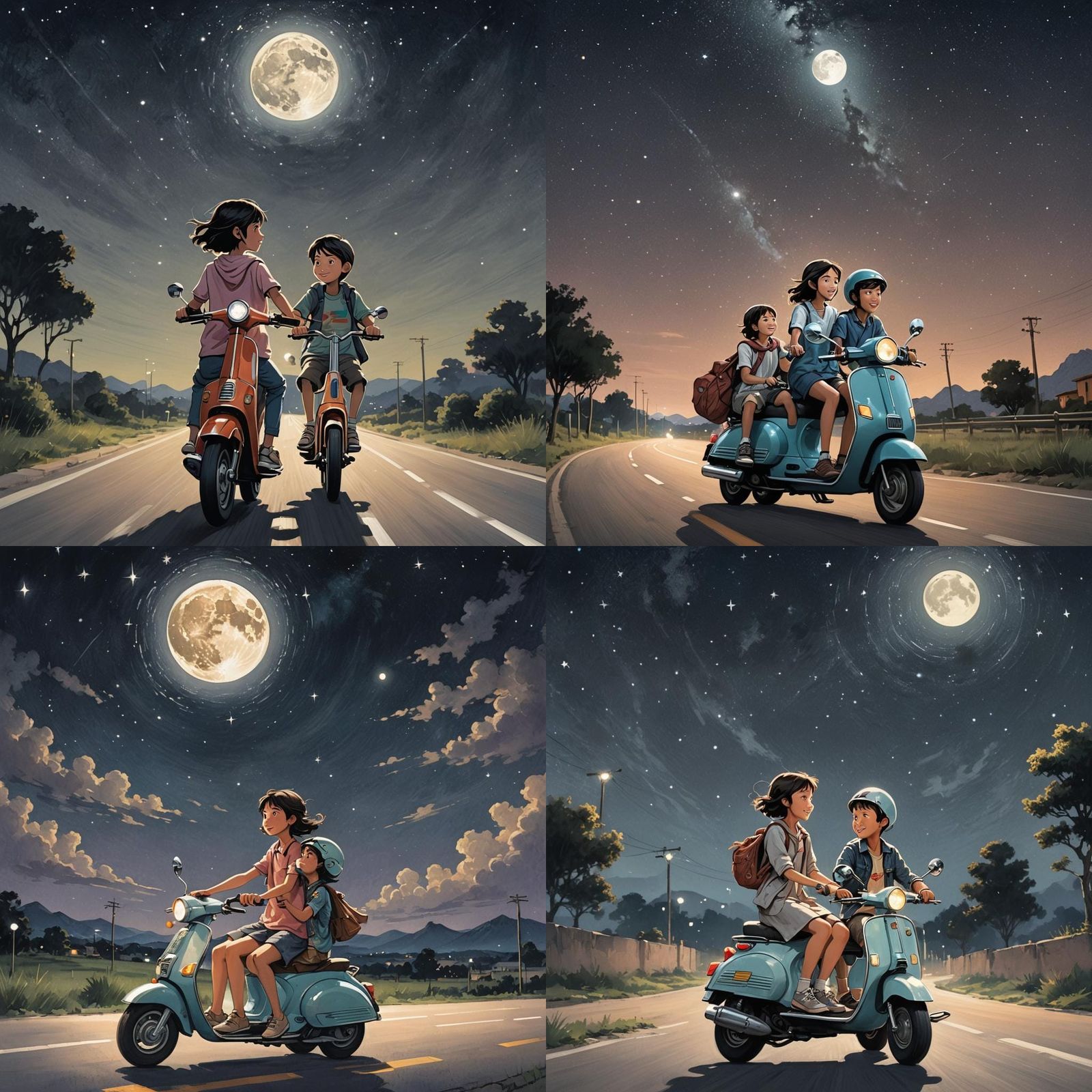 Magical Scooter Ride Under Starry Night Sky