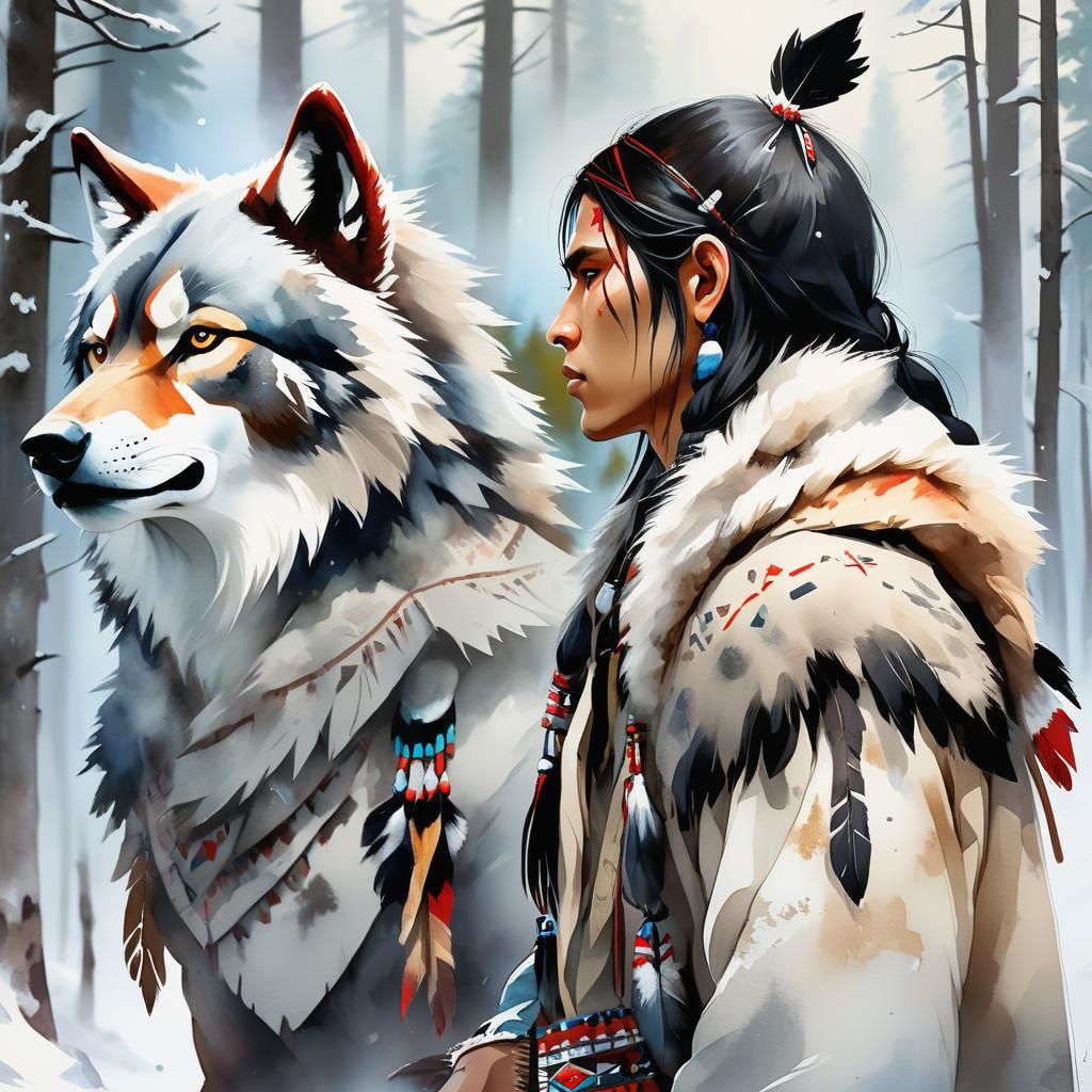 Watercolor Portrait of Native American with Wolves