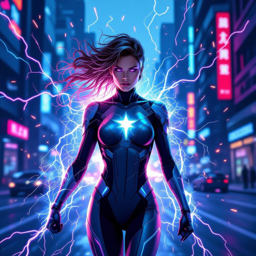 Dynamic Superheroine Radiating Electrical Energy