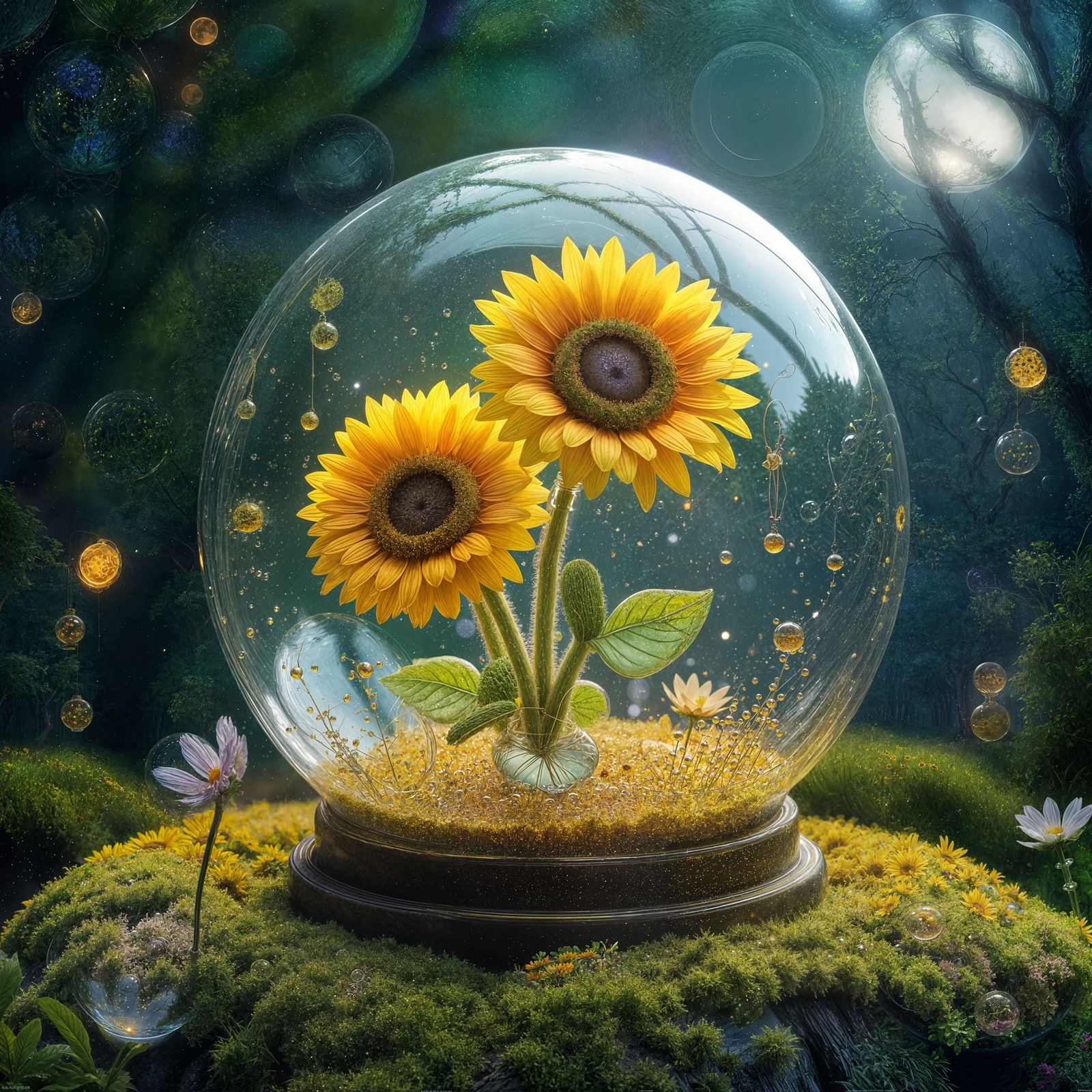 Moonlit Sunflowers in Magical Orb, Fantasy Art