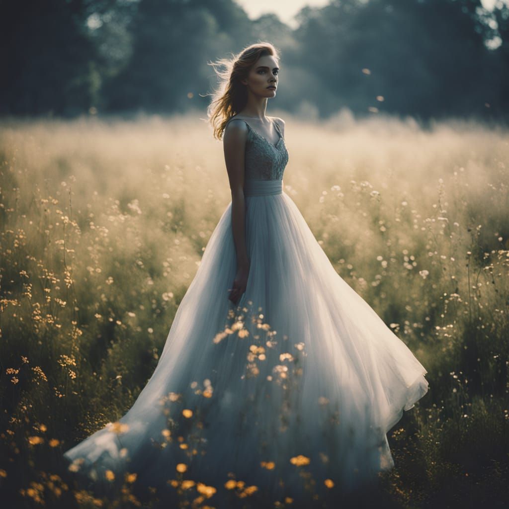 Beautiful Woman in Misty Meadow: Cinematic Portrait