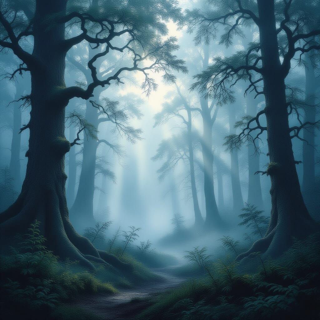 Ethereal Foggy Forest Landscape