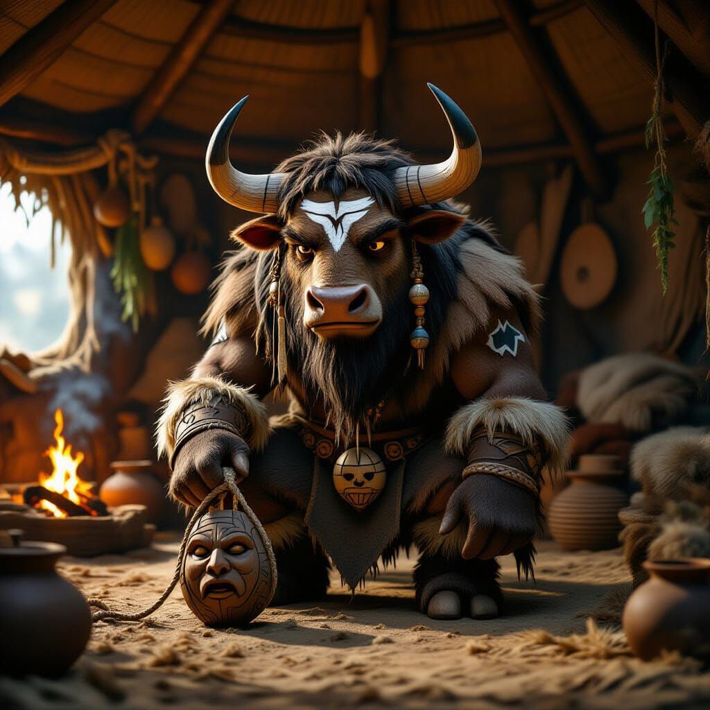 Tauren Shaman in Cozy Yurt, WoW Cinematic Style