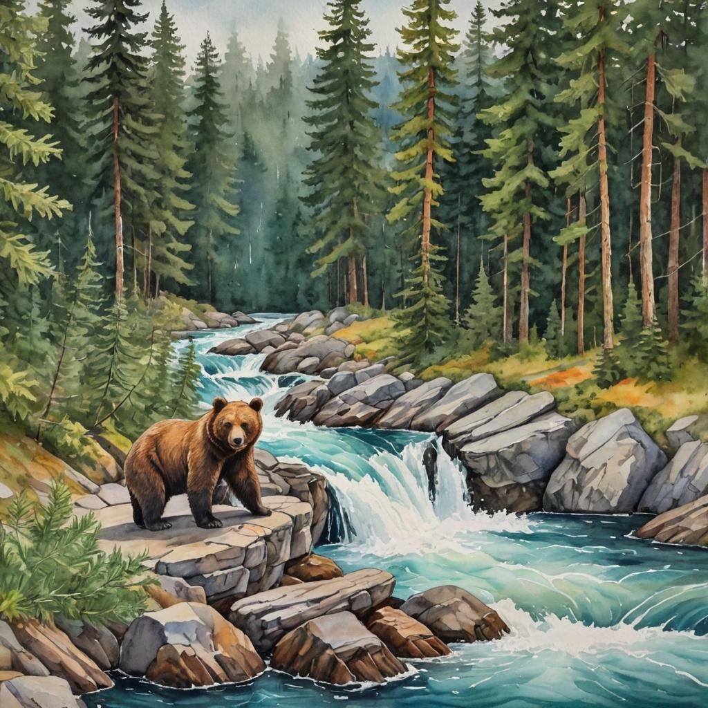Happy Bear at Waterfall: Mixed Media Illustration