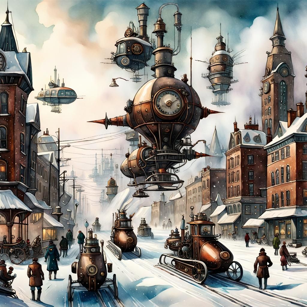Steampunk City in Winter Watercolor Painting