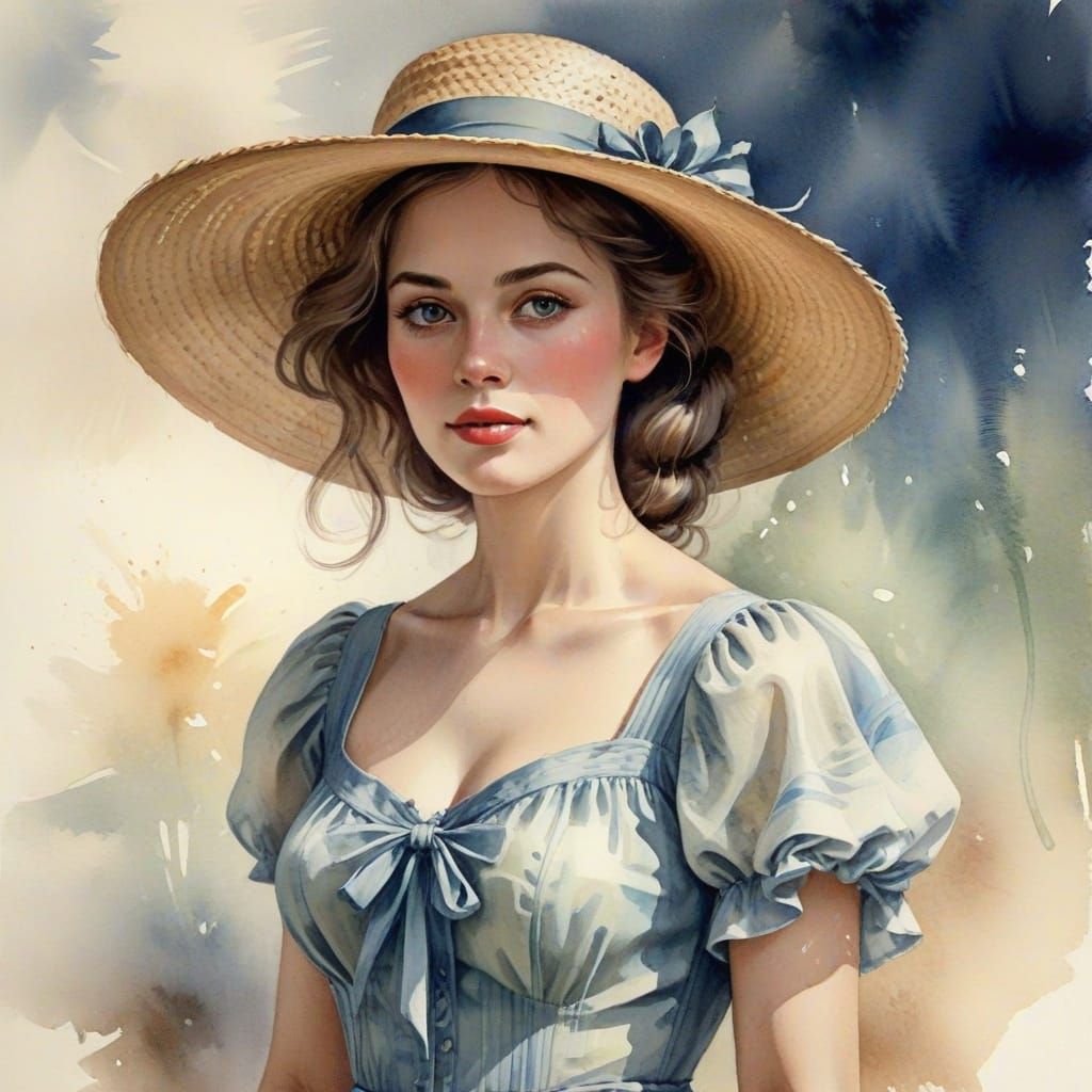 Elegant Woman in Early 20th Century Dress with Watercolor Ba...