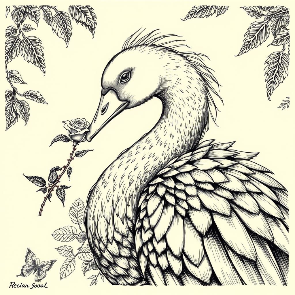 Goose with Rose in Pen-and-Ink Style