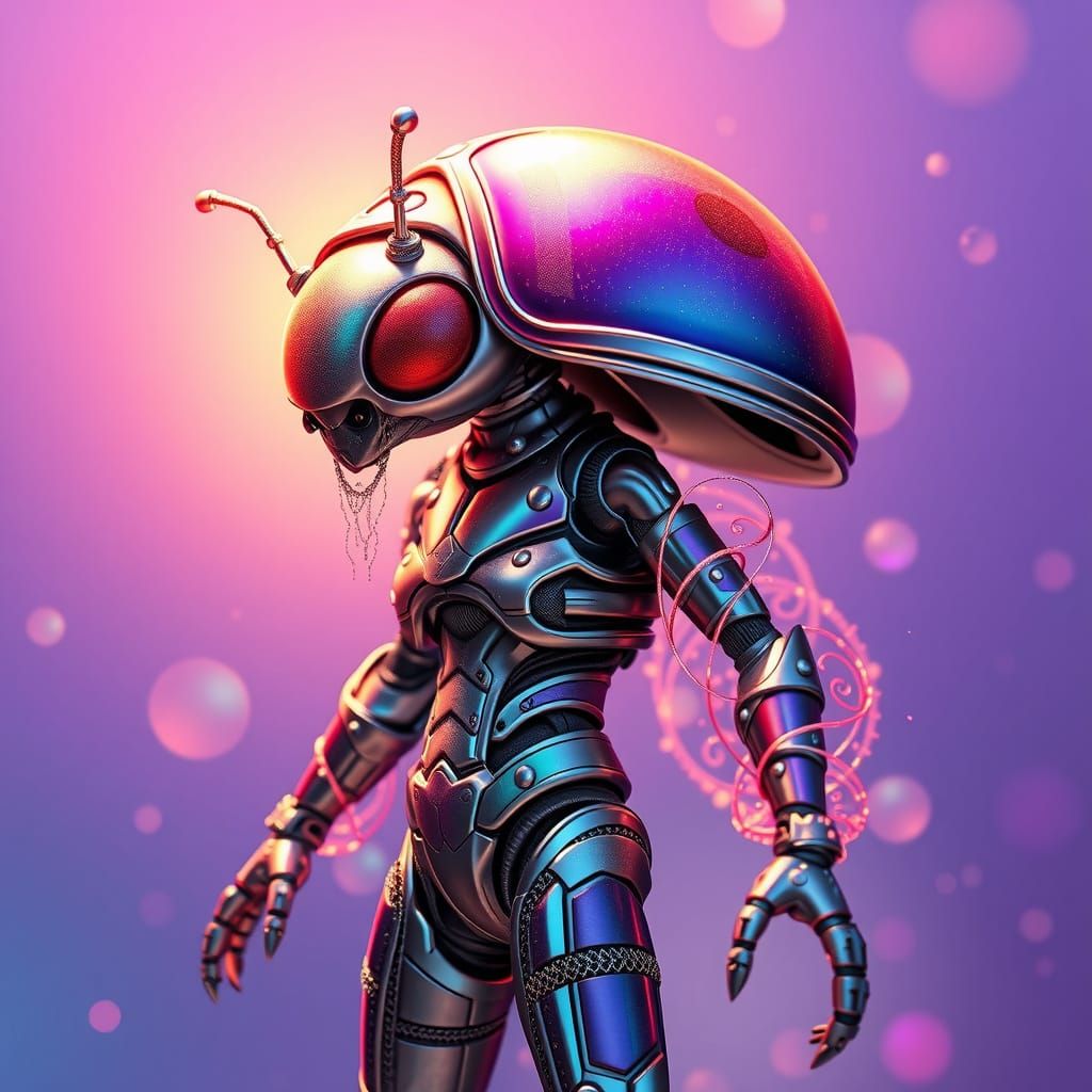Heroic Ladybug Alien in Iridescent Armor Against Kaleidoscop...