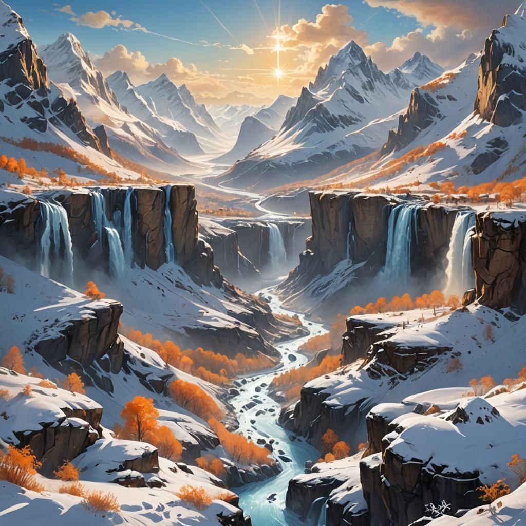 Snowy Valley: A Hyper-Realistic Digital Painting