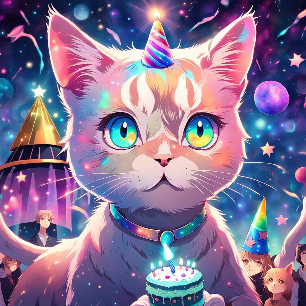 Anime Birthday Cat in Astral Cosmic Style