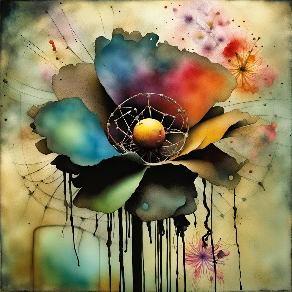 Claymation Flower with Watercolor and Ink Drips