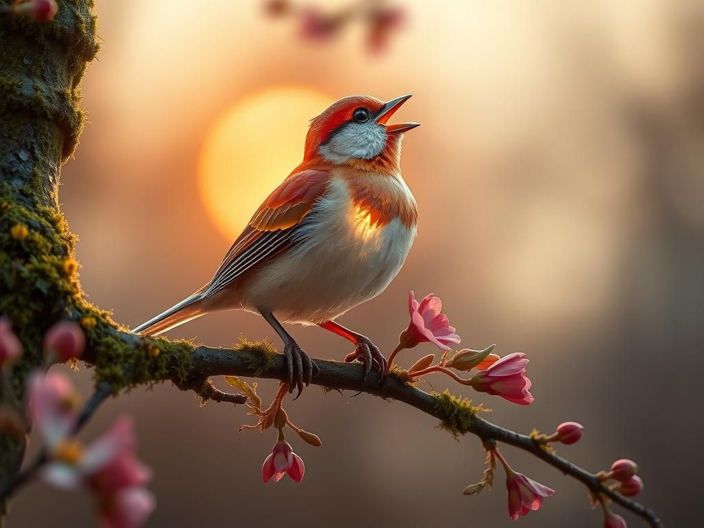 Glass Sparrow Singing at Sunrise in Animalistic Style