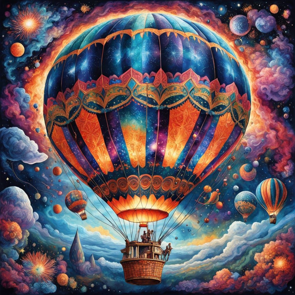 Hot Air Balloon in Nebula, Kaleidoscope Art