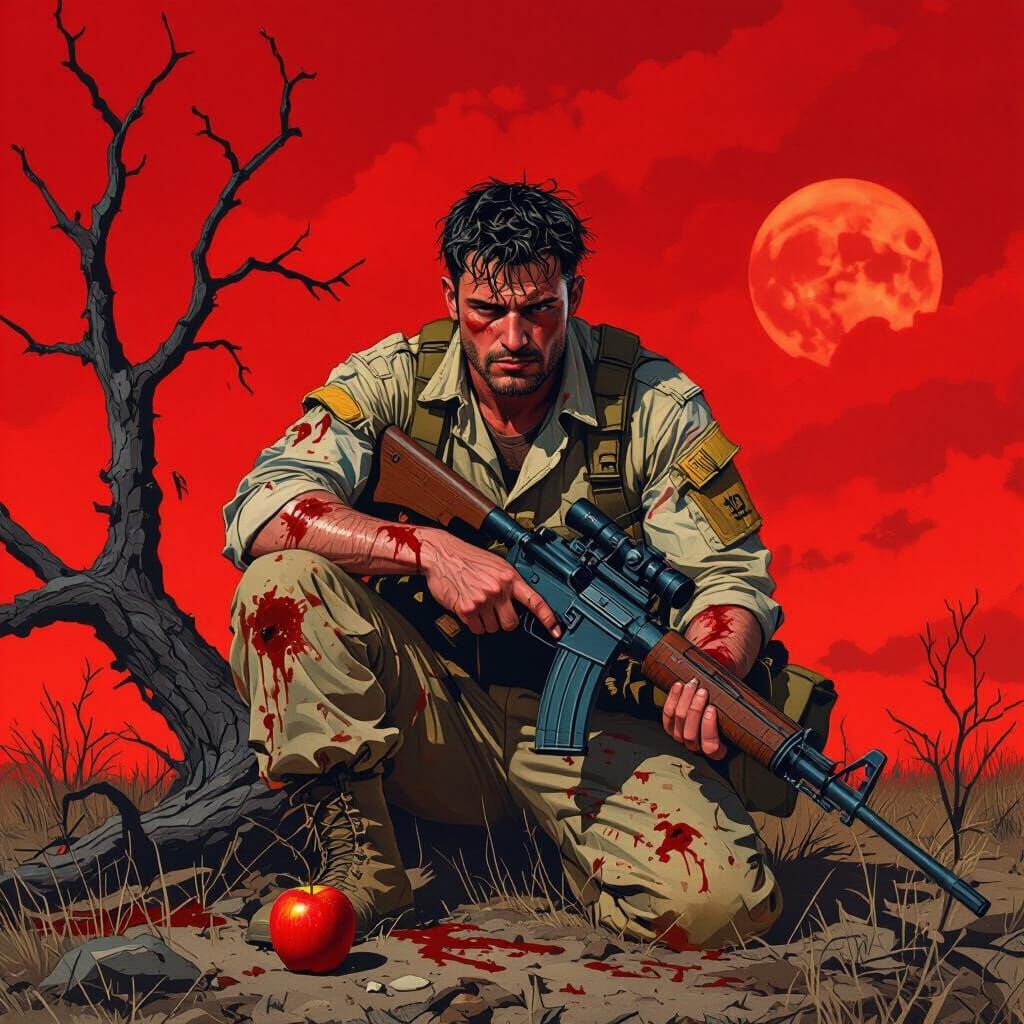 Battered Soldier in Ominous, Surreal Landscape