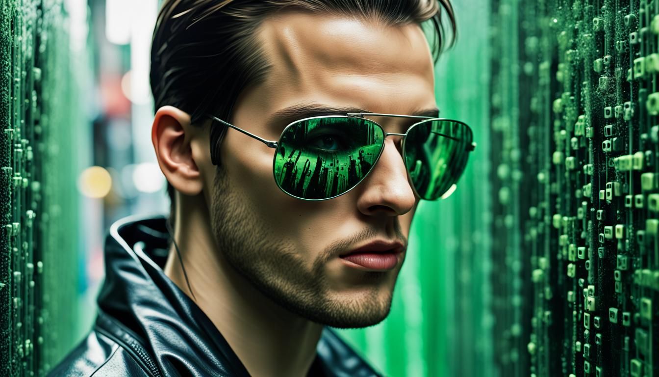 Hyperrealistic Sunglasses Reflecting Matrix Code in 4K