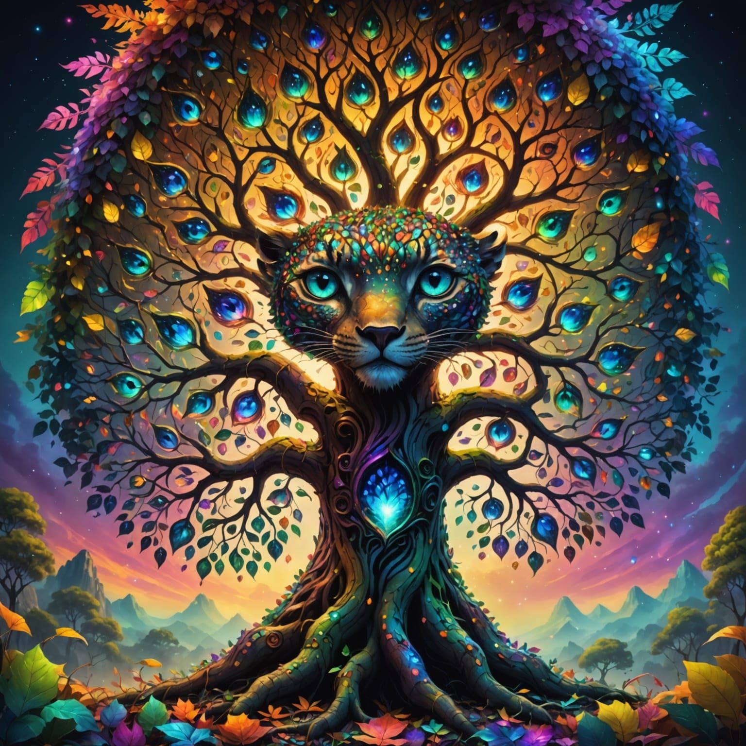 Gigantic Magical Tree with Eyes and Rainbow Leaves