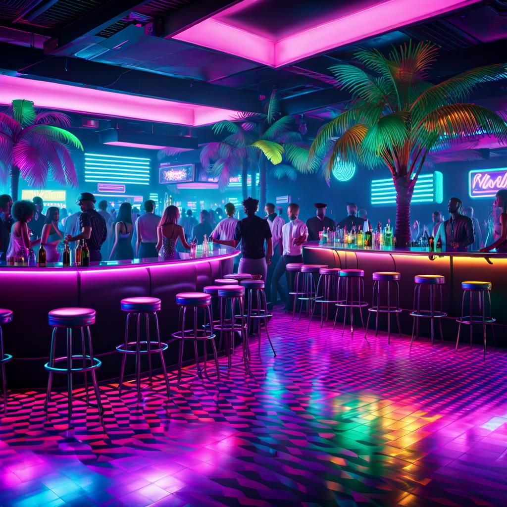 Vaporwave Aesthetic: crowded dance club bar environment; dis...