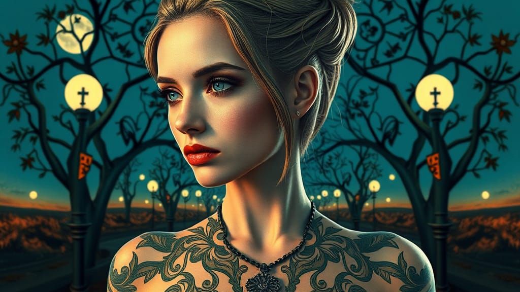 Surreal Western Fantasy Portrait in Color Tattoo Style