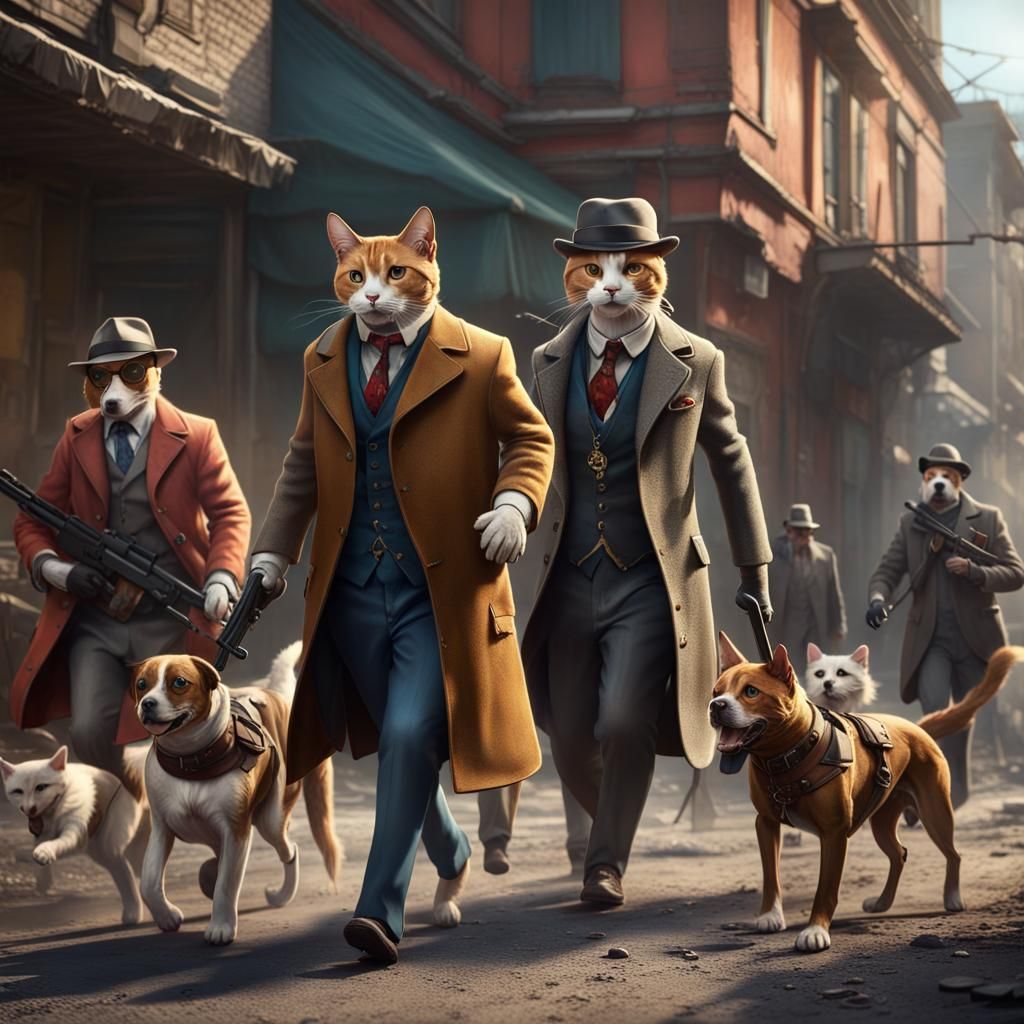 Cool Cat in Mafioso Style Hunts Dogs