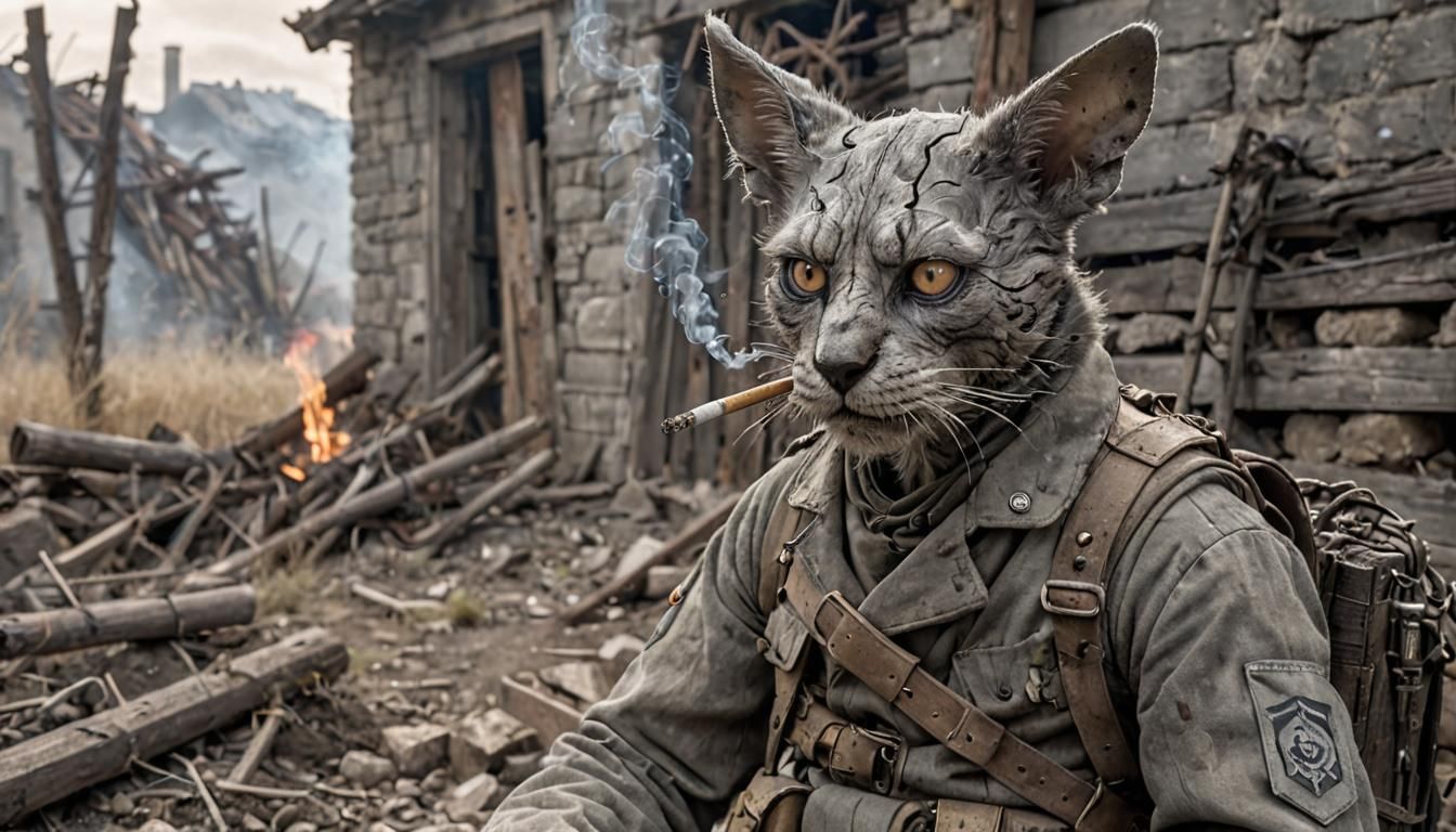 Feline Warrior in WWI Trench: Dystopian Art