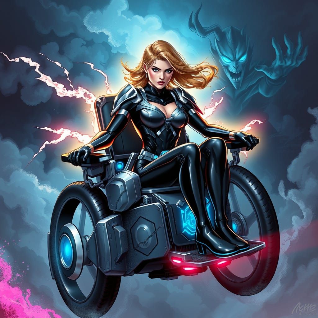 A dramatic and dynamic scene of a Female superhero in a flying Electrical wheelchair using telekinesis To fight against ...