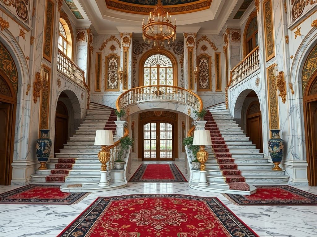 Grand Persian Palace Foyer with Marble Staircase